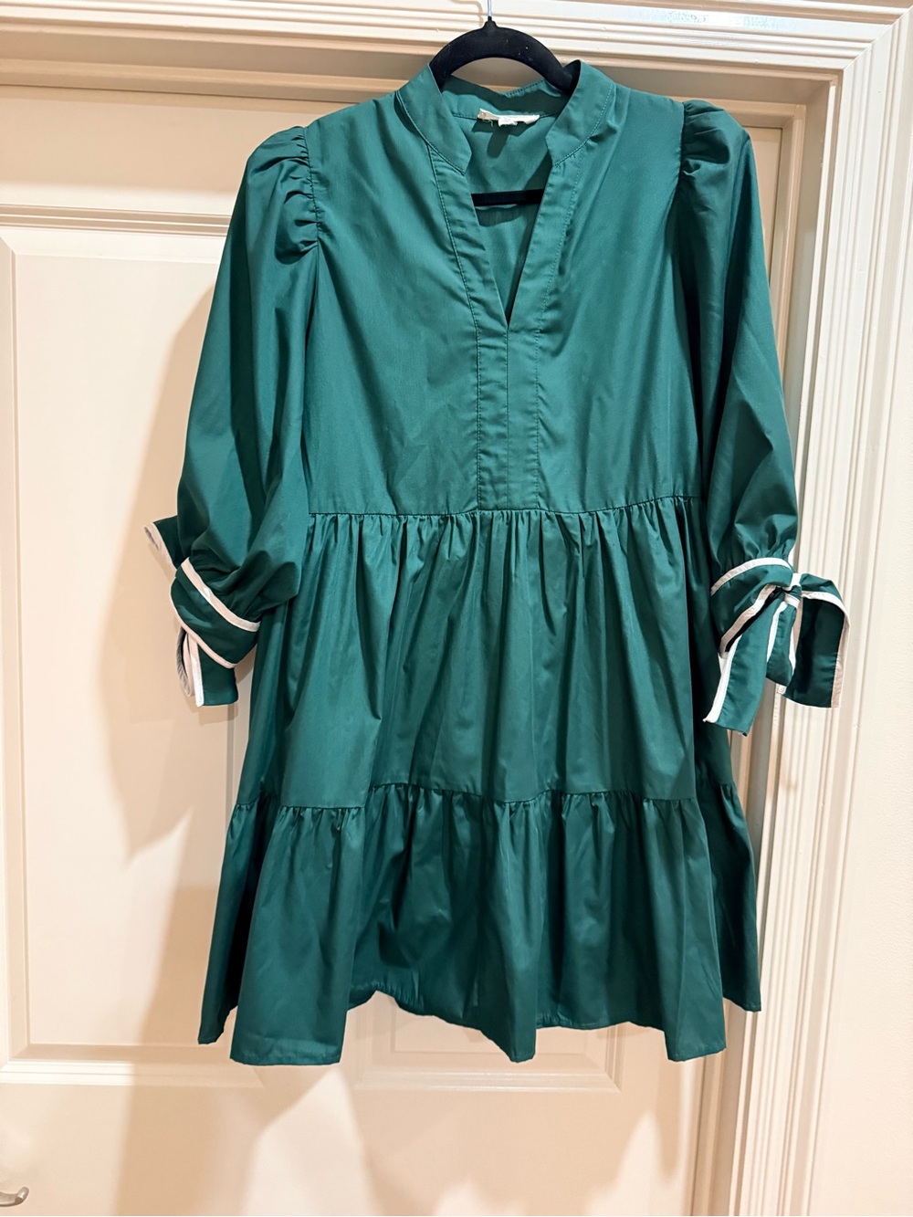 Emerald Green Tiered Dress with Ribbon Sleeve Detail